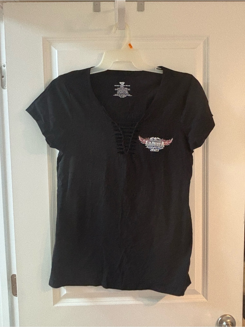 Laconia Black Short Sleeve V-Neck Tee with Lace-Up Detail